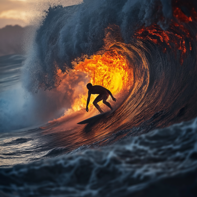Surfer Riding Lava Wave