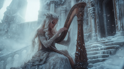 Elven Harpist in Frosted Castle