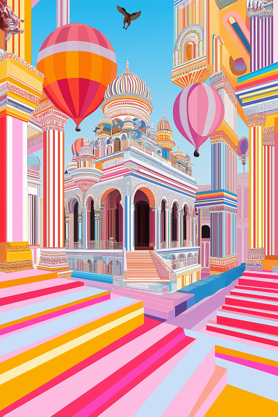 Colorful Hindu Temples with Distorted Perspective