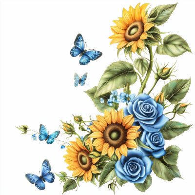 Flower Arrangement with Sunflowers and Blue Roses