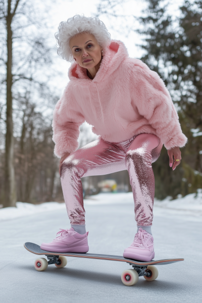 Mature Skateboarder in Pastel Pink