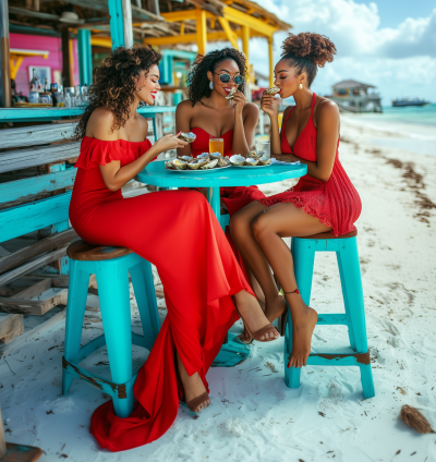 Elegant Women Dining by the Beach