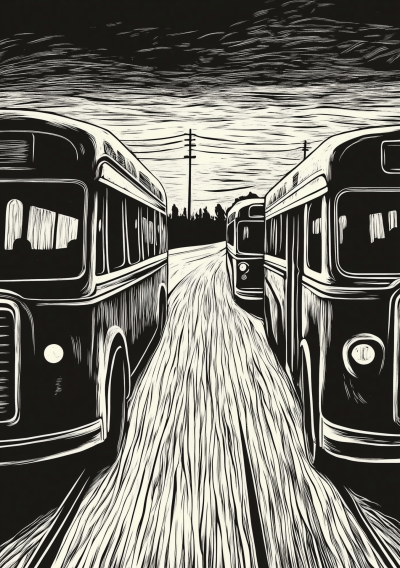 1963 Buses Woodcut