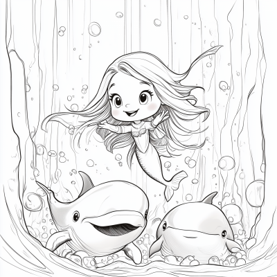 Mermaid and Whales Coloring Page
