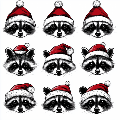 Raccoons in Christmas Hats