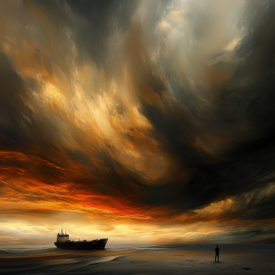 Stranded Ship Under Fiery Sky