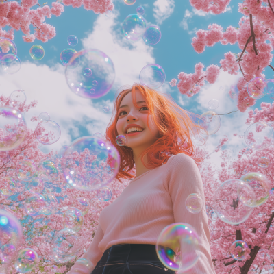 Girl Among Colorful Bubbles