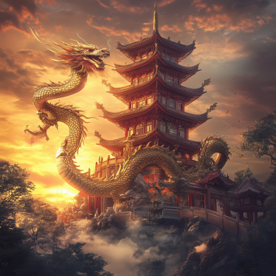 Golden Dragon and Red Pagoda