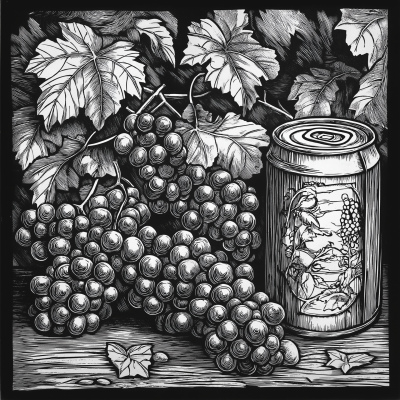Woodcut Grapes and Wine