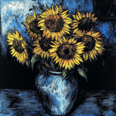 Vase with Fifteen Sunflowers