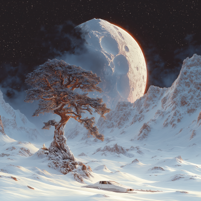 Dreamy Retro Futuristic Christmas Moon Landscape