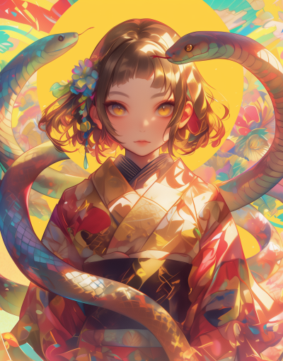Charming Kimono Girl with Snakes