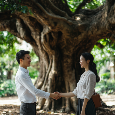 Friendly Handshake Beneath the Tree