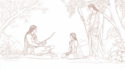 Minimalist Line Art of Rama, Sita, and Lakshmana