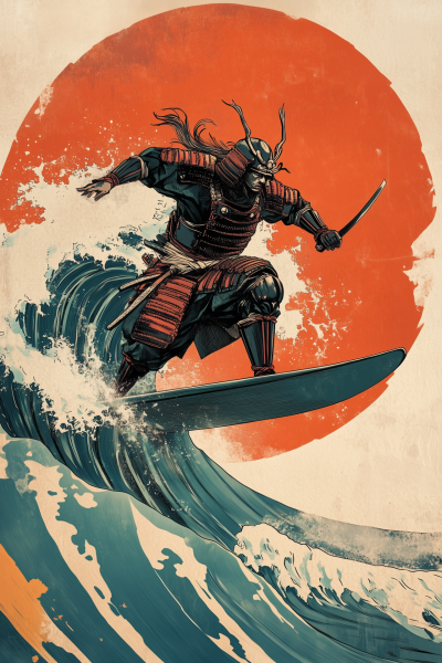 Samurai Surfing the Wave