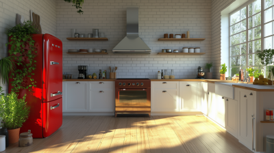 Bright Red Fridge in Modern Kitchen