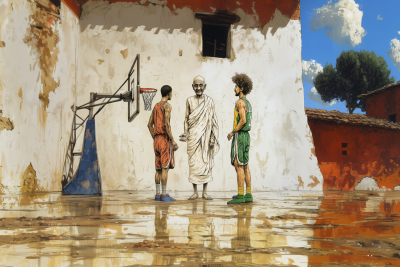 Minimalist Gandhi with Basketball Players