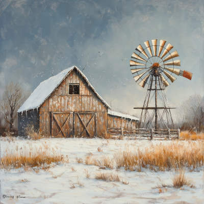 Winter Barn with Windmill