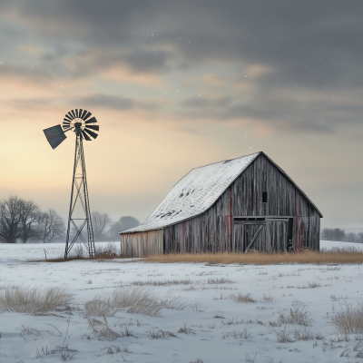 Winter Barn with Windmill