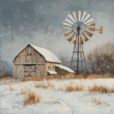 Winter Barn with Windmill