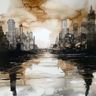 Bright River Scene with Buildings