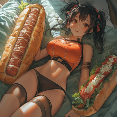 Anime Woman Relaxing with Sandwich