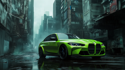 Green BMW M3 in Postapocalyptic City