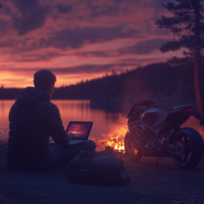 Man Watching Laptop by Lake