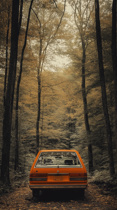 Orange 1980s Station Wagon in the Forest