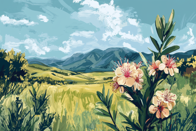 New Zealand Landscape with Manuka Flower