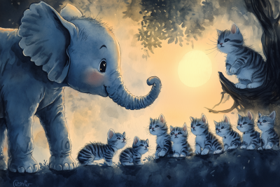 The Tiny Elephant and Playful Kittens