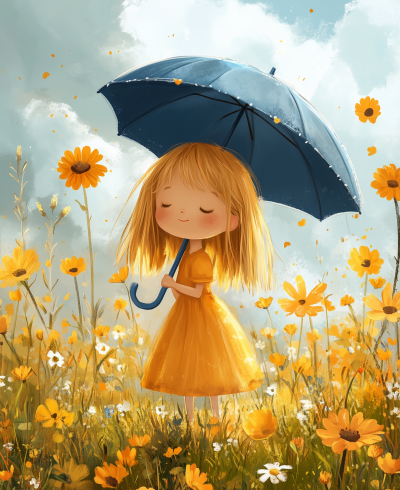 Cute Cartoon Blonde Girl with Umbrella