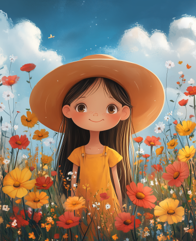 Cute Cartoon Girl in Spring