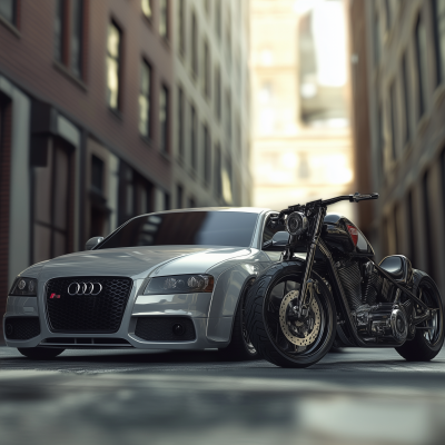 Silver Audi RS4 and Harley Davidson