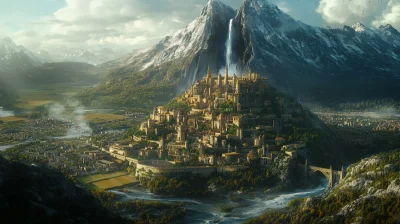 Mountain Capital City with Waterfall