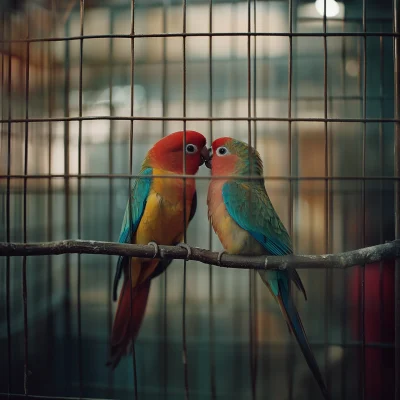 Colorful Lovebirds in a Cage