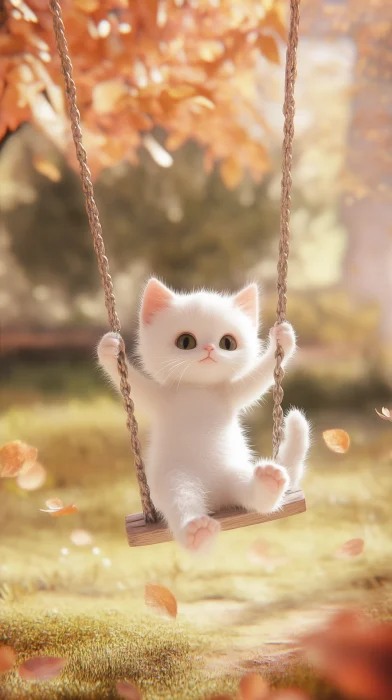 Playful White Cat on Swing