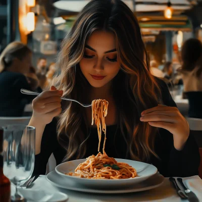 Brunette Girl Enjoying Pasta