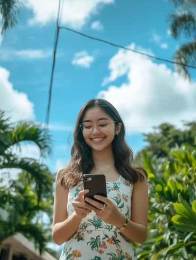 Confident Girl Smiling at Phone