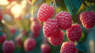 Ripe Raspberries on Bush