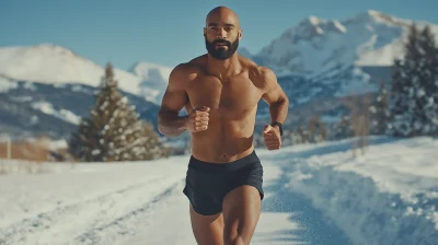 Athletic Man Running in Snowy Mountains