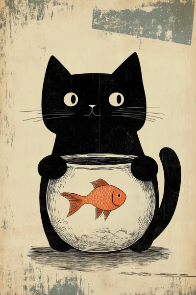 Black Cat and Goldfish