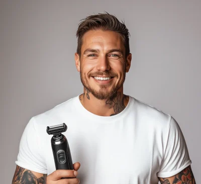 Tattooed Man with Electric Shaver