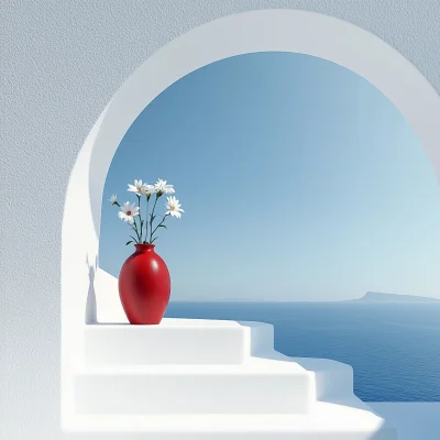 Red Vase on White Steps