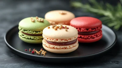 Colorful Macaroons on Black Plate