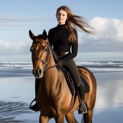 Woman Riding Horse on Beach