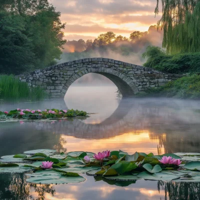 Idyllic Old Stone Bridge at Sunrise