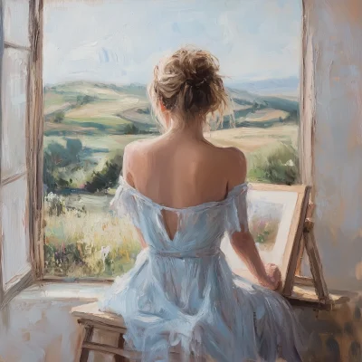 Dreamy Woman Painting by the Window