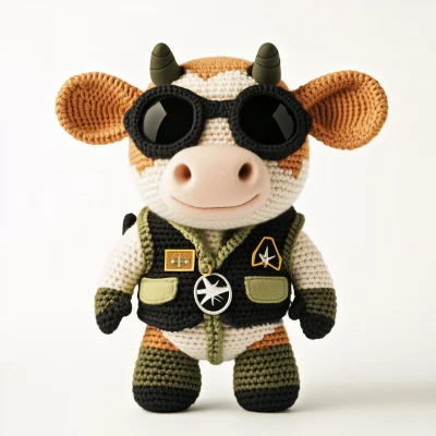 Crocheted Cow Mascot in Pilot Costume