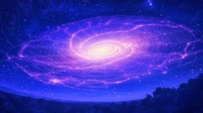 Glowing Spiral Galaxy with Spiderweb Pattern